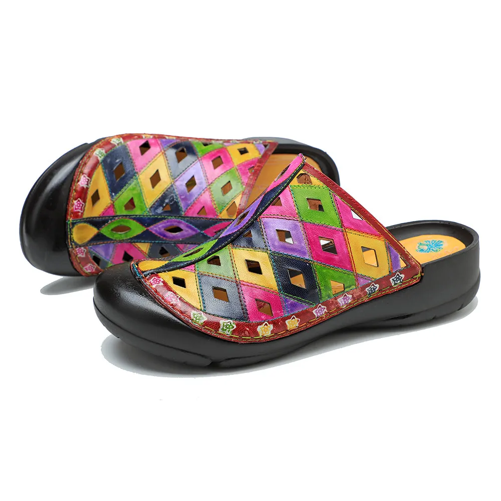 CrazycatZ Leather Clogs,Women Leather Bohemian Colorful Slide Sandal Mules