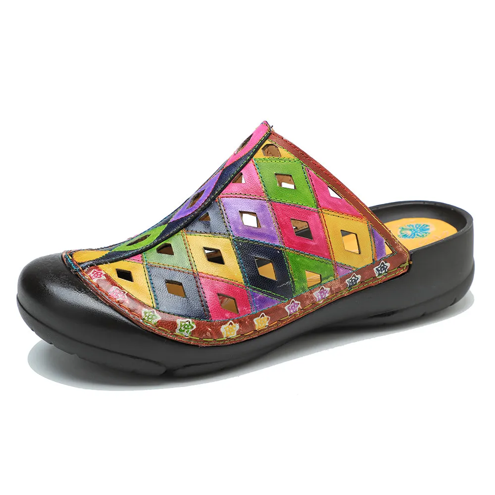 CrazycatZ Leather Clogs,Women Leather Bohemian Colorful Slide Sandal Mules