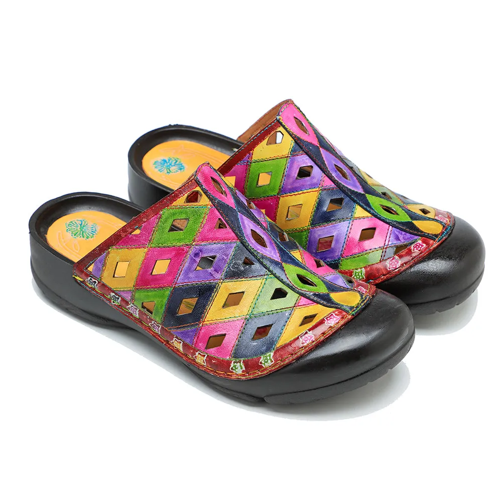 CrazycatZ Leather Clogs,Women Leather Bohemian Colorful Slide Sandal Mules