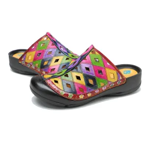 CrazycatZ Leather Clogs,Women Leather Bohemian Colorful Slide Sandal Mules